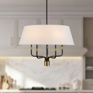 Dyna 24 in Black Pendant with Brushed Gold Accents and Natural Linen Shade
