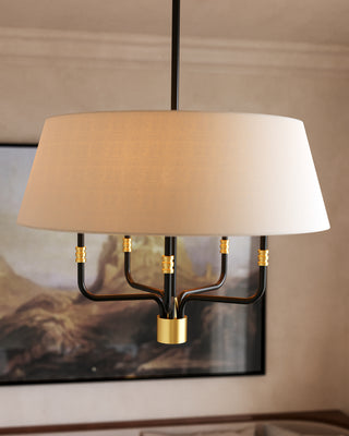 Dyna 24 in Black Pendant with Brushed Gold Accents and Natural Linen Shade